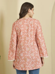 Peach Botanical Printed Flared Sleeves Pure Cotton Kurti