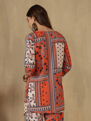 Orange Printed V-Neck Asymmetric Hem Kurti