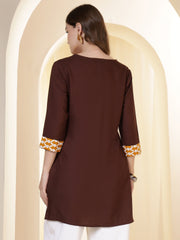 Coffee Brown V-Neck Thread Work High-Low Kurti