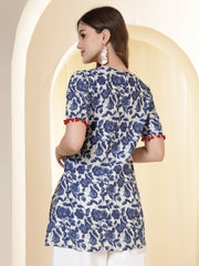 Botanical Printed V-Neck Linen Kurti