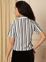 Cream Striped Sheer Lace Shirt Style Top