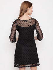 Black Flocking Fit & Flare Net Dress