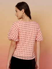 Polka Dot Baloon Sleeves Peach Regular Top
