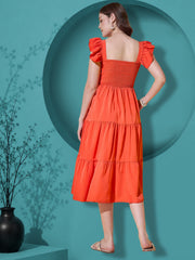 Orange Flutter Sleeve Crepe A-Line Midi Dress
