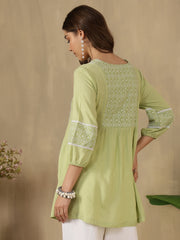 Embroidered Puff Sleeves Peplum Top ( Sea Green )
