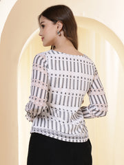 Georgette Dobby Smoking Detail Puff Sleeves Top (Cream)