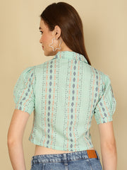 Weaving Design Sea Green Shirt Style Handloom  Top