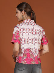 Cream Digital Printed Spread Collar Crop Shirt