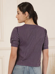 Striped Puff Sleeves Shirt Style Top