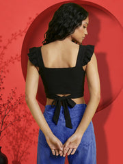 Flutter Sleeve Ruffles Stylish Back Bow Detailing Crop Top