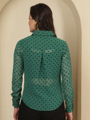 Smart Polka Dot Flocking Sheer Casual Green Shirt