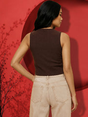 Button Down Square Neck Sleeveless Ribbed Top