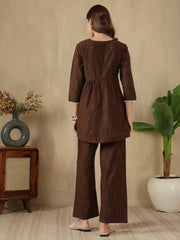 Coffee Brown Embroidered Peplum Style Khadi Co-ord Set