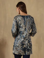 Teal Paisley Printed V-Neck Asymmetric Hem Kurti