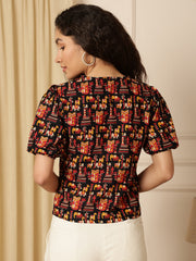 Maroon Tribal Print Puff Sleeve Cotton Shirt Style Top