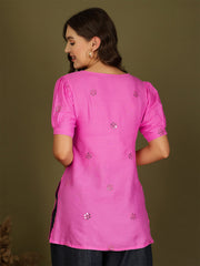 Mirror Work Puff Short Sleeves Kurti (Fuchsia)