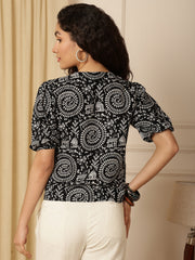 Black Warli Print Puff Sleeve Cotton Shirt Style Top