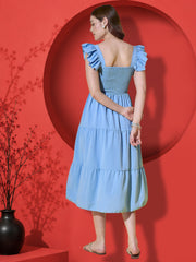 Sky Blue Flutter Sleeve Crepe A-Line Midi Dress
