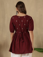 Embroidered Puff Sleeve Peplum Top ( Maroon)
