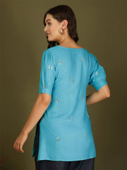 Mirror Work Puff Short Sleeves Kurti (Turquoise)