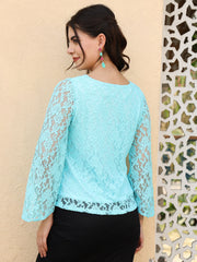 Floral Flared Sleeve Lace Blouson Sky Blue Top