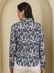 Floral Printed Spread Collar  Linen Shirt