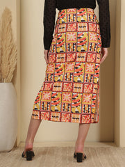 Mustard Abstract Printed Straight Midi Skirt