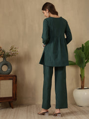 Green Embroidered Peplum Style Khadi Co-ord Set
