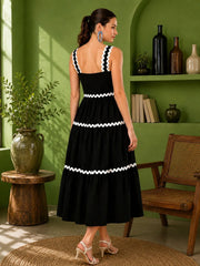 Women Tiered Black Midi/Calf Length Dress
