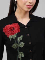 Applique Puff Sleeves Shirt Collar Top