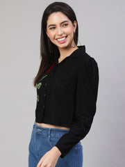Applique Puff Sleeves Shirt Collar Top