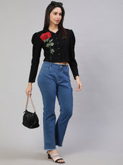 Applique Puff Sleeves Shirt Collar Top