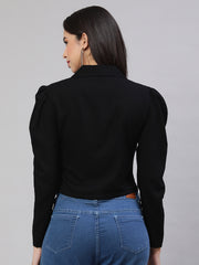 Applique Puff Sleeves Shirt Collar Top