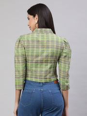 Applique Puff Sleeves Green Shirt Collar Top
