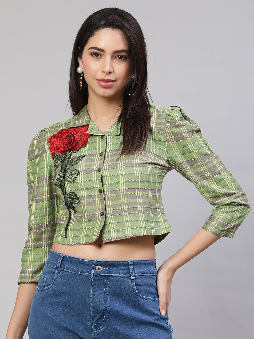 Applique Puff Sleeves Green Shirt Collar Top