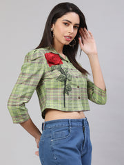 Applique Puff Sleeves Green Shirt Collar Top