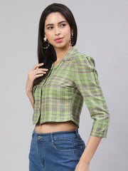 Applique Puff Sleeves Green Shirt Collar Top