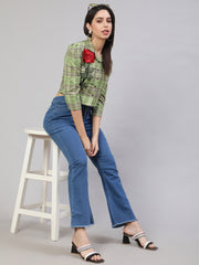 Applique Puff Sleeves Green Shirt Collar Top