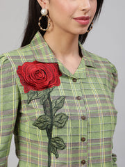 Applique Puff Sleeves Green Shirt Collar Top