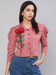 Applique Puff Sleeves Pink Shirt Collar Top