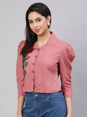 Applique Puff Sleeves Pink Shirt Collar Top