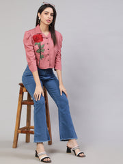 Applique Puff Sleeves Pink Shirt Collar Top