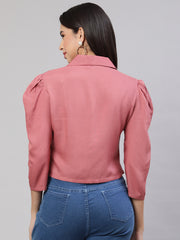 Applique Puff Sleeves Pink Shirt Collar Top