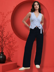 Striped Wrap Sleeveless Top With Side Knot
