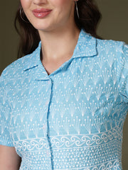 Embroidered Schiffli Shirt Style Crop Top – Blue & White