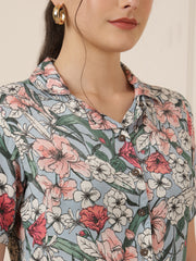 Floral Printed Shirt Collar Peplum Top
