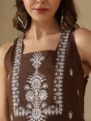 Coffee Brown Ethnic Motifs Embroidered Square Neck Kurti