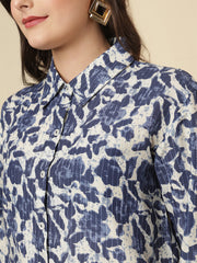 Floral Printed Spread Collar  Linen Shirt