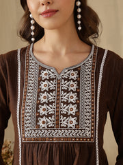 Coffee Brown Embroidered Peplum Style Khadi Co-ord Set