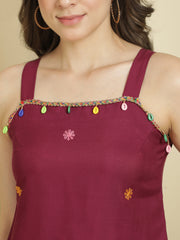 Burgundy Ethnic Motifs Embroidered Strap Neck Panelled Kurti